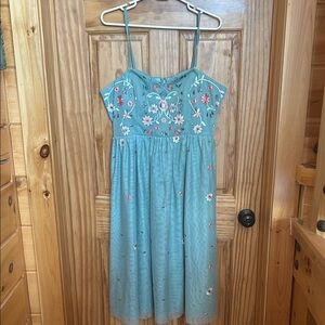 Blue Floral Embroidered Spaghetti Strap Dress